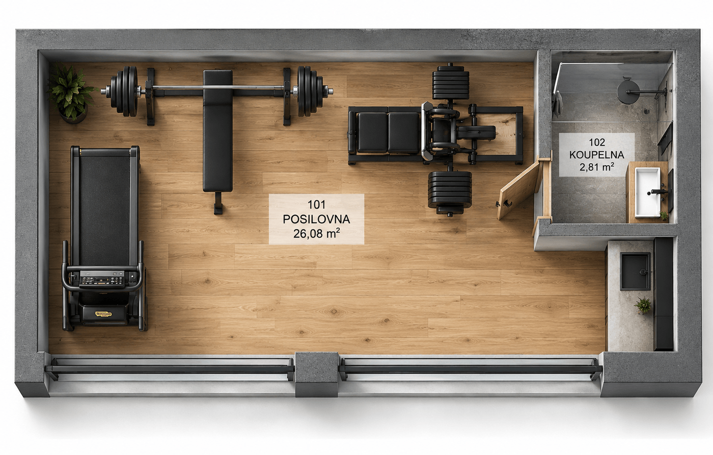 Půdorys Gym — Premium a Signature · 35,5 m²