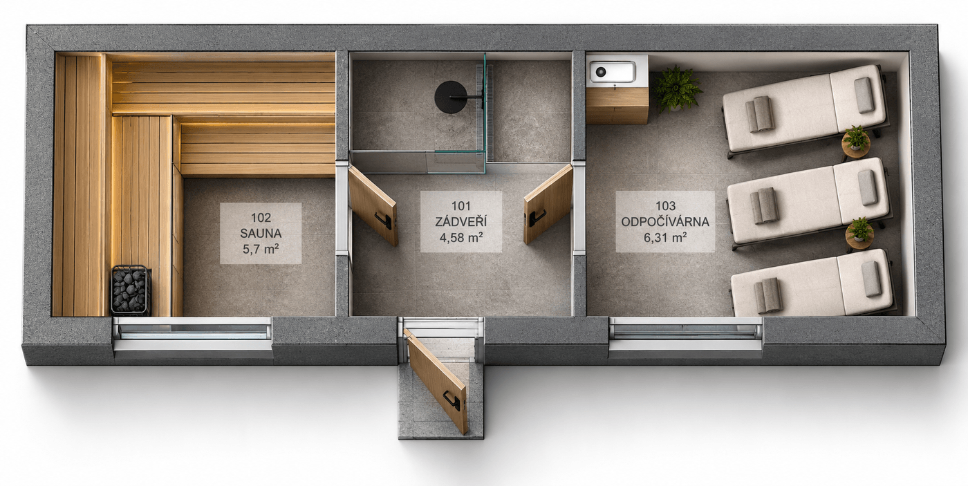 Půdorys Wellness — BESKYD LOUNGE · Basic a Premium · 22,4 m²